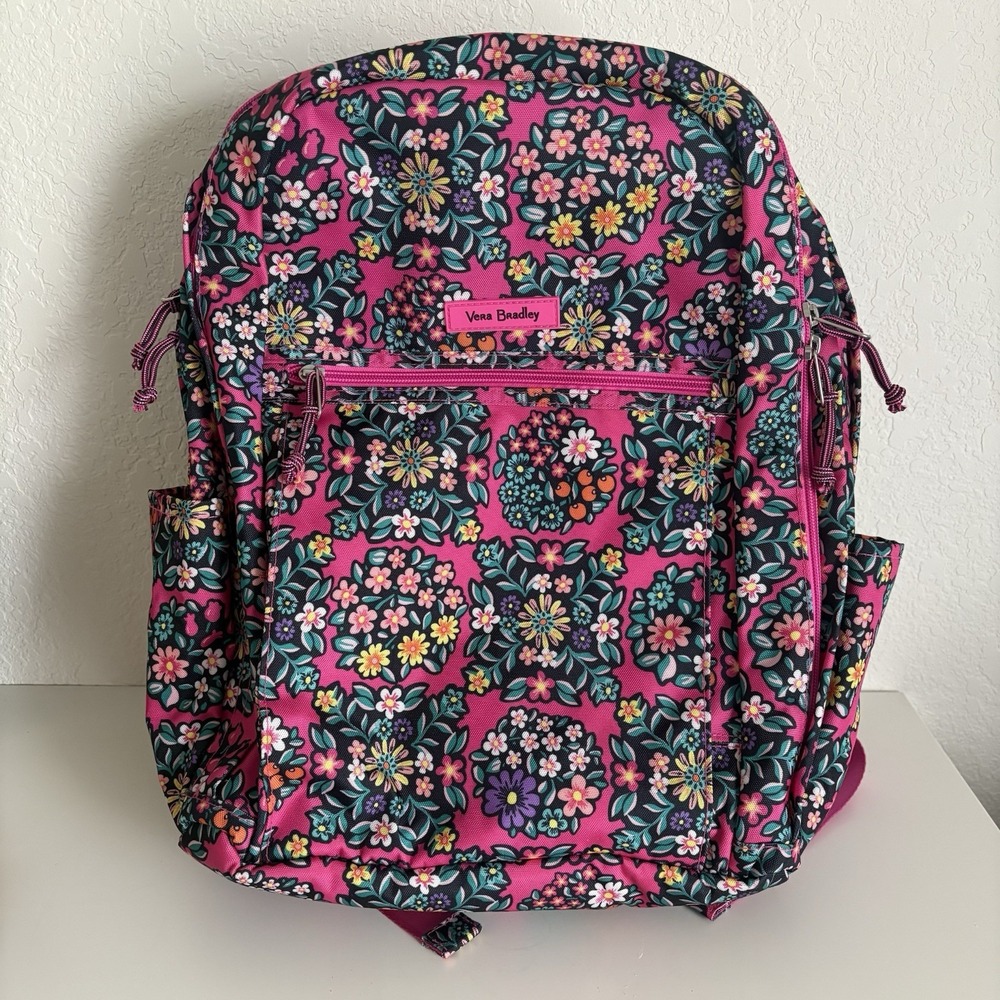 Vera Bradley Backpack Floral Pattern with Pink Background and Interior